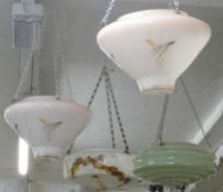 Four retro glass plafonniers including a pair with painted decoration on white ground, largest