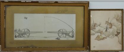 Two Heath Robinson prints including 'Cracking Nuts for the Officer's Mess', 22 x 52cm, and another