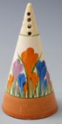 Clarice Cliff for Newport Pottery Bizarre sugar sifter in the Crocus pattern, 13.5cm tall