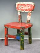 Pub, advertising, workshop, garden or haberdashery chair of welded steel construction from old signs