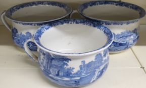 Spode Italian pattern pair of chamber pots and smaller example, largest H14cm, diameter 23.5cm
