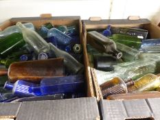 Large collection of glass bottles including Stroud Brewery, Woodward Chemist, Nottingham etc