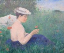 Francois Gall (1912-1987) oil on canvas of a young women in a poppy field, signed lower left,