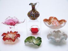 Seven Murano /Venetian style bowls, baskets and jugs, some with aventurine and millefiori