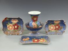 Royal Doulton vase, pedestal bowl and dishes with transfer decoration of flowers, tallest 18cm