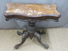 Victorian burr walnut serpentine fronted fold-over card table with decorative moulding, raised on