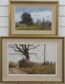 Two Pamela Derry acrylics countryside scenes, one titled 'Winter's Day in Sussex', larger 28 x 44cm