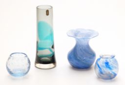 Geoffrey Baxter for Whitefriars streaky glass vase, 22cm tall, together with three blue glass vases.