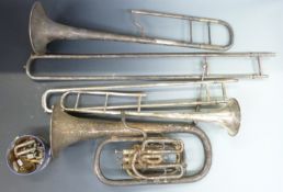 Two trombones for restoration or decoration, one by J R Fleur and Son, 15 Green St, Leicester
