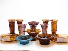 Eleven pieces of Davidsons cloud glass in blue, purple and brown including vases, flower frogs etc