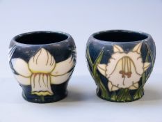 Two Moorcroft egg cups decorated with daffodils and orchids on a blue ground, 5cm tall
