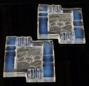 A pair of Andre Hunebelle opalescent glass ashtrays with foliate decoration, each 12 x 11.5cm