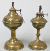 Two small brass oil lamps, one with Star of David to the wick adjustment knob, tallest 22cm