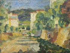 Impressionist oil on board possibly French scene with cottages, indistinctly signed possibly