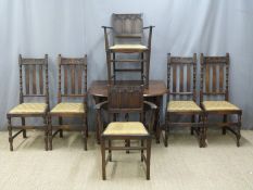 Six carved oak dining chairs and similar table with barley twist legs, length 91cm