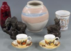 Royal Doulton flambé vase 25cm tall, Royal Doulton Coaching Scenes coffee cans and saucers,