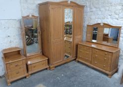 Pine bedroom suite comprising cheval mirror with drawer below, height 164cm, small bedside chest