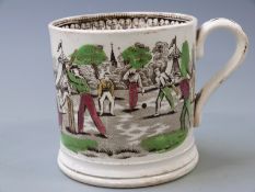A 19th century Staffordshire creamware mug with transfer and hand decorated scene of a village
