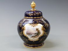 Coalport ginger jar or covered vase hand decorated with a landscape including viaduct, 15cm tall