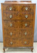 Art Deco style burr walnut tall chest of two over four drawers W84 x D49 x H137cm
