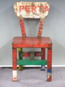 Pub, advertising, workshop, garden or haberdashery chair of welded steel construction from old signs