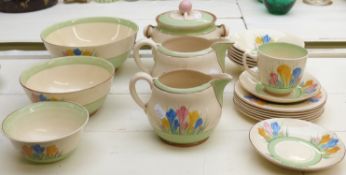 Clarice Cliff for Newport Pottery part tea set and biscuit barrel decorated in Spring Crocus