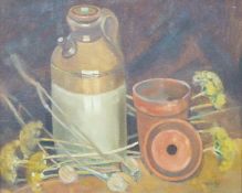 P.Rosier Lee oil on board still life, stone flagon with flower pot and dried flowers, 39 x 49cm