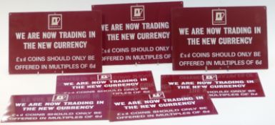 Six metal Whitbread signs for new decimal currency, 20 x 30cm