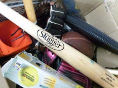 Collection of sporting equipment including one Louisville Slugger bat, gloves, Rawlings balls,