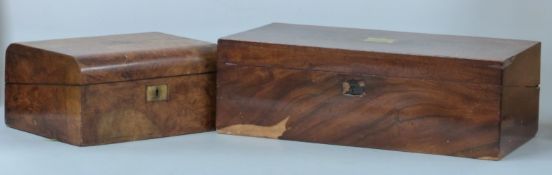 Two 19thC writing slopes with fitted interiors including brass inlaid mahogany and walnut