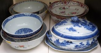 A collection of Chinese porcelain bowls, plates and a tureen