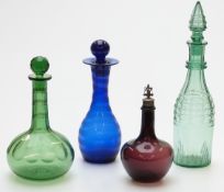Four coloured glass decanters comprising one amethyst with white metal stopper in the form of a lady