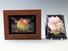 Moorcroft lids, one in leaf and berry pattern, frame the other magnolia, both on navy blue ground,