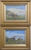 Pair of 19thC or early 20thC oil on canvas of cattle and a figure leading heavy horses towing a