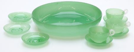 Stevens and Williams Art Deco Alabaster ware tea set comprising three trios of cup saucer and cake