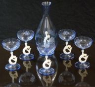 Bimini Werkstadt Art Deco glass cocktail or liqueur set with lamp work stems in the form of mermaids