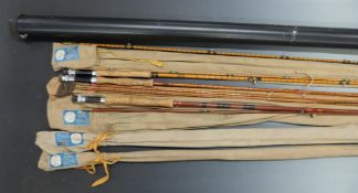 A collection of fishing rods including Edgar Sealey Mayfly split cane fly rods x 2, Howdale Deluxe