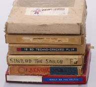 Six various 16mm cartoon cine film reels marked 'Sinbad the Sailor', 'Flip the Frog', 'Techno-