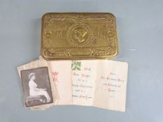 WWI Princess Mary's Christmas Fund tin 1914 with tobacco packet and cigarettes etc., inscribed to