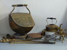 Brass fire irons, Victorian lidded coal bucket and other brassware, fire bellows etc