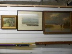 Oil on canvas of a wildfowling scene and two prints of shooting and wildfowl, largest 45 x 48cm
