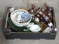 Victorian bargeware teapot with impressed 'Minnie Dee', Victorian cow creamer, large Portuguese