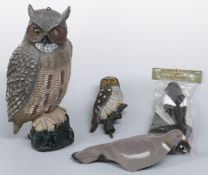 Two owl decoys one a large Great Horned owl (51cm tall) together with a pigeon decoy and a magpie