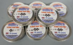 Eight tins of Milbro 9.5mm steel catapult BB's, new and sealed.