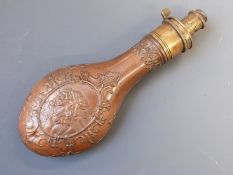 G & J.W. Hawksley copper and brass powder flask with embossed decoration of three horses' heads,
