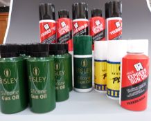 Twenty bottles of gun cleaning/ lubricating oil comprising nine Bisley Silicone Gun Oil, six Hule