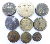 Nine various 16/17th Century etc brass coin weights for gold coins, includes Anthony Giles example