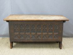 Elm or oak carved coffer, L91 x D40 x H47cm