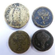 Four Charles I brass coin weights for gold coins, one for ten shillings and three for five