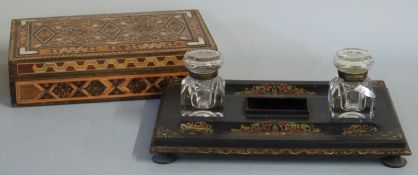Lacquer desk stand with inkwells together with mother-of-pearl inlaid box width 28cm